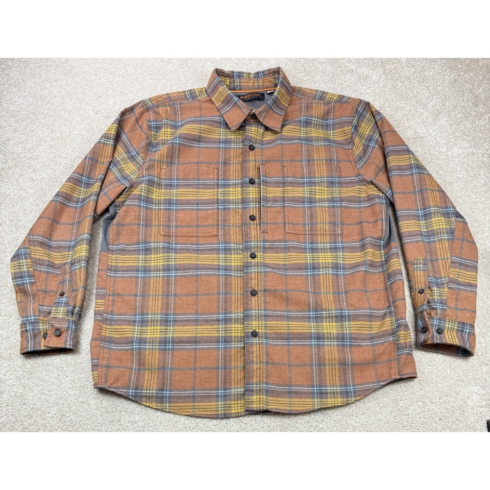 Ridgecut Toughwear Men XL Plaid Flannel Heavy Shirt Orange Brown Stretch Pockets
